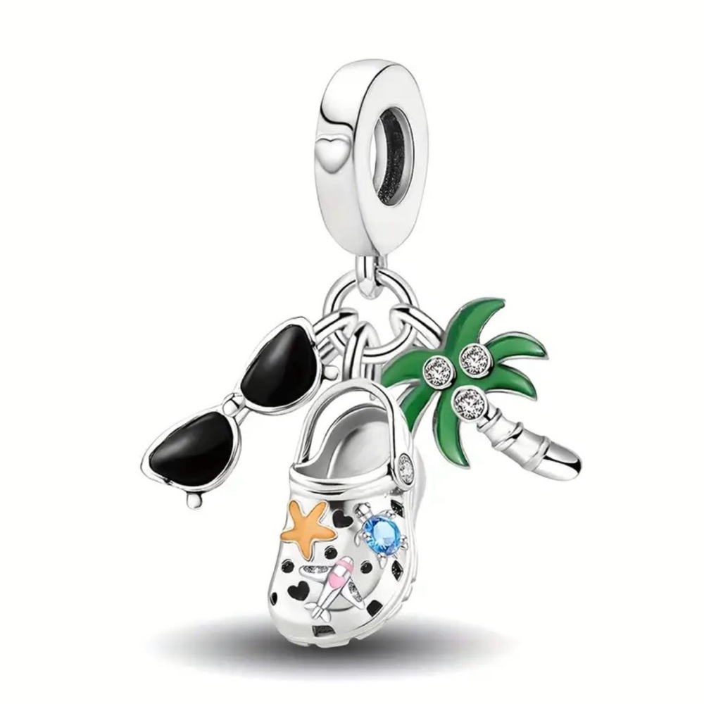 Silver Charm Pendant with a Croc Shoe, Black Sunglasses and a Green Palm Tree